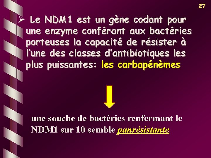 27 Ø Le NDM 1 est un gène codant pour une enzyme conférant aux