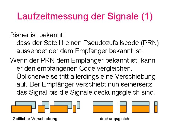 Laufzeitmessung der Signale (1) Bisher ist bekannt : dass der Satellit einen Pseudozufallscode (PRN)