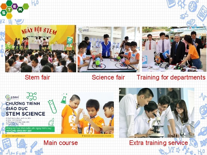 Stem fair Main course Science fair Training for departments Extra training service 