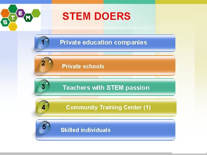 STEM DOERS 1 Private education companies 2 Private schools 3 Teachers with STEM passion