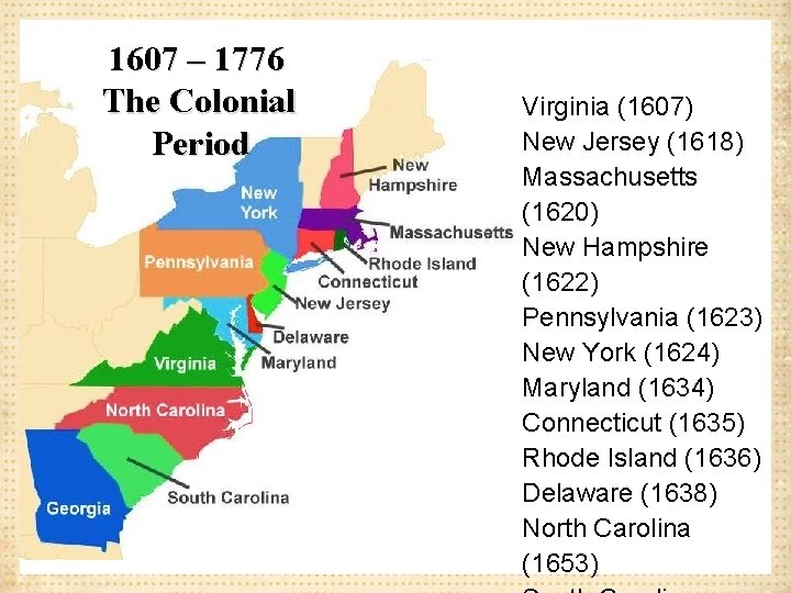 1607 – 1776 The Colonial Period Virginia (1607) New Jersey (1618) Massachusetts (1620) New