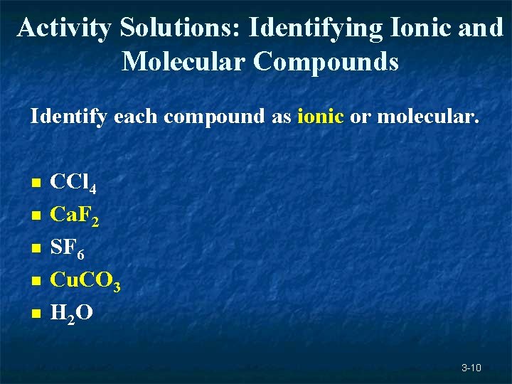 Activity Solutions: Identifying Ionic and Molecular Compounds Identify each compound as ionic or molecular. Activity Solutions: Identifying Ionic and Molecular Compounds Identify each compound as ionic or molecular.