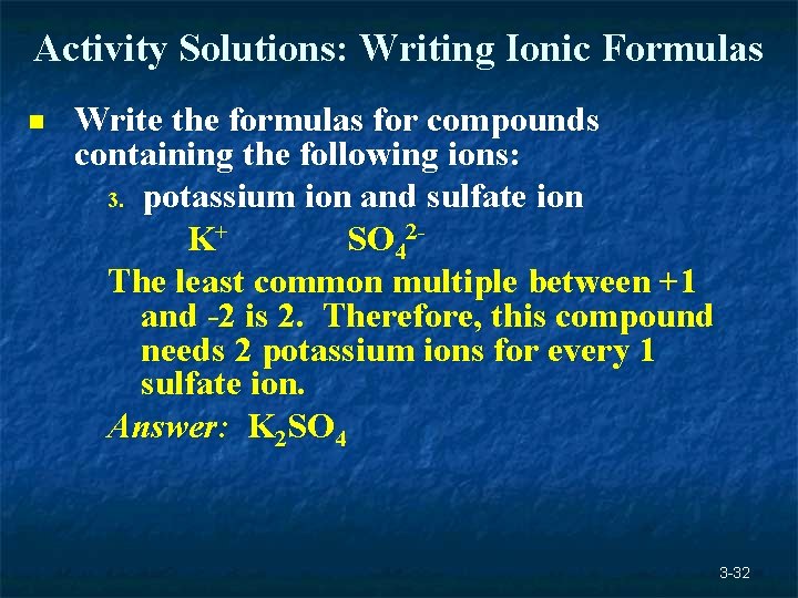 Activity Solutions: Writing Ionic Formulas n Write the formulas for compounds containing the following Activity Solutions: Writing Ionic Formulas n Write the formulas for compounds containing the following