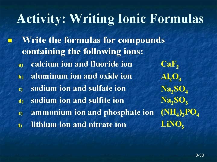 Activity: Writing Ionic Formulas n Write the formulas for compounds containing the following ions: Activity: Writing Ionic Formulas n Write the formulas for compounds containing the following ions: