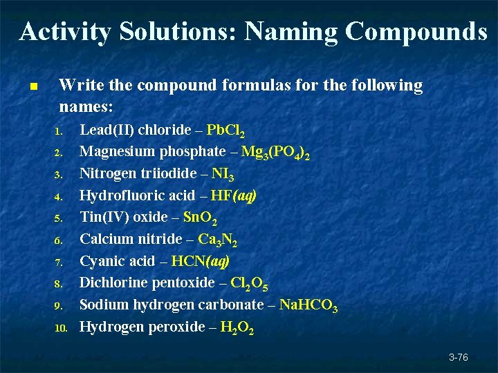 Activity Solutions: Naming Compounds n Write the compound formulas for the following names: 1. Activity Solutions: Naming Compounds n Write the compound formulas for the following names: 1.