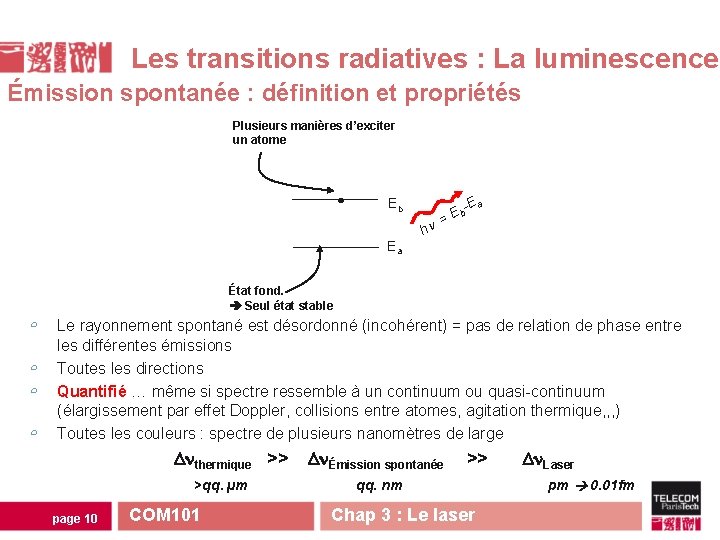 Les transitions radiatives : La luminescence Émission spontanée : définition et propriétés Plusieurs manières Les transitions radiatives : La luminescence Émission spontanée : définition et propriétés Plusieurs manières