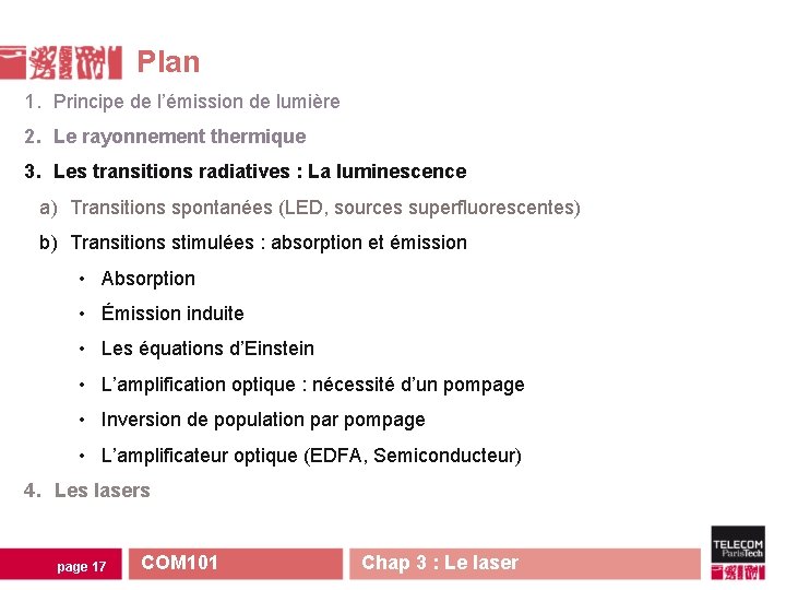 Plan 1. Principe de l’émission de lumière 2. Le rayonnement thermique 3. Les transitions Plan 1. Principe de l’émission de lumière 2. Le rayonnement thermique 3. Les transitions