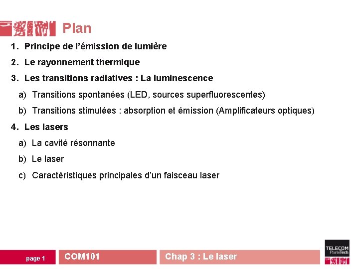 Plan 1. Principe de l’émission de lumière 2. Le rayonnement thermique 3. Les transitions Plan 1. Principe de l’émission de lumière 2. Le rayonnement thermique 3. Les transitions