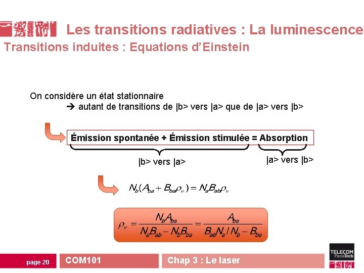 Les transitions radiatives : La luminescence Transitions induites : Equations d’Einstein On considère un Les transitions radiatives : La luminescence Transitions induites : Equations d’Einstein On considère un