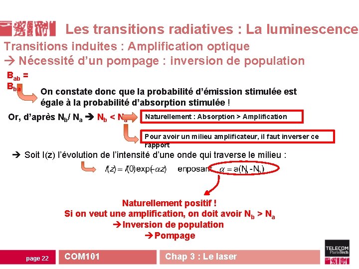 Les transitions radiatives : La luminescence Transitions induites : Amplification optique Nécessité d’un pompage Les transitions radiatives : La luminescence Transitions induites : Amplification optique Nécessité d’un pompage