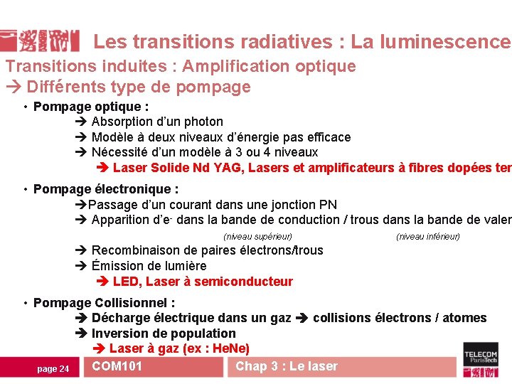 Les transitions radiatives : La luminescence Transitions induites : Amplification optique Différents type de Les transitions radiatives : La luminescence Transitions induites : Amplification optique Différents type de