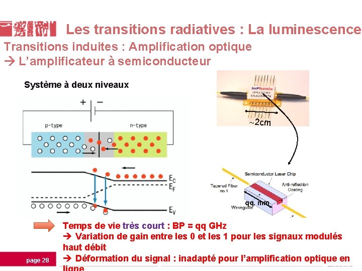 Les transitions radiatives : La luminescence Transitions induites : Amplification optique L’amplificateur à semiconducteur Les transitions radiatives : La luminescence Transitions induites : Amplification optique L’amplificateur à semiconducteur