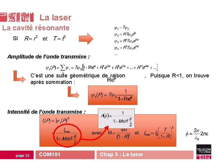 La laser La cavité résonante Si Amplitude de l’onde transmise : C’est une suite La laser La cavité résonante Si Amplitude de l’onde transmise : C’est une suite