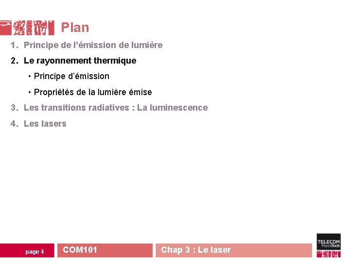 Plan 1. Principe de l’émission de lumière 2. Le rayonnement thermique • Principe d’émission Plan 1. Principe de l’émission de lumière 2. Le rayonnement thermique • Principe d’émission