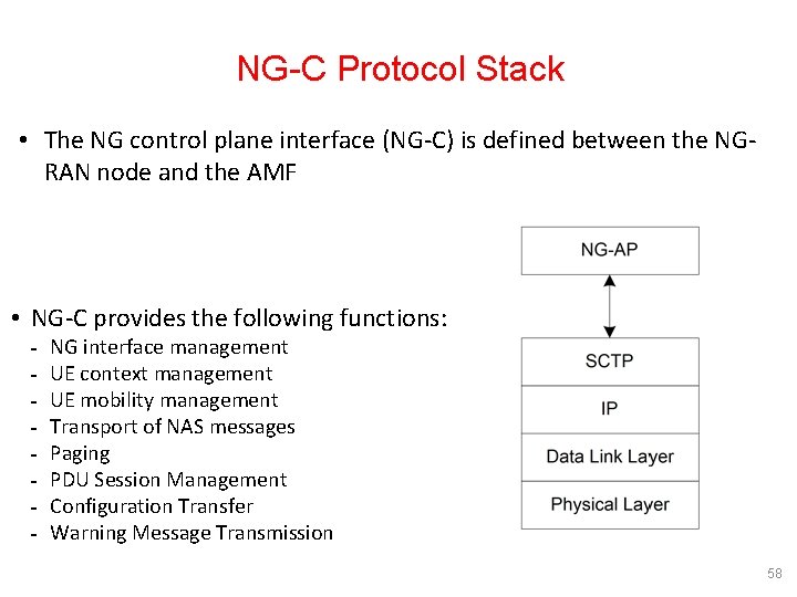 NG-C Protocol Stack • The NG control plane interface (NG-C) is defined between the NG-C Protocol Stack • The NG control plane interface (NG-C) is defined between the