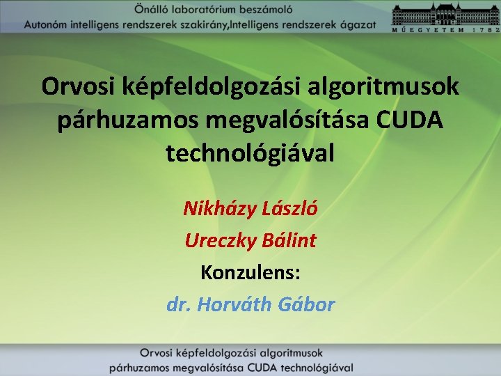 Orvosi képfeldolgozási algoritmusok párhuzamos megvalósítása CUDA technológiával Nikházy László Ureczky Bálint Konzulens: dr. Horváth