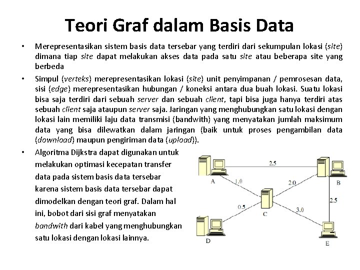 Teori Graf dalam Basis Data • • • Merepresentasikan sistem basis data tersebar yang