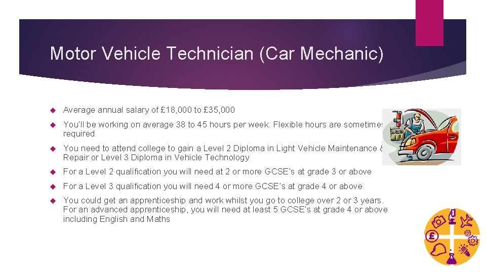Motor Vehicle Technician (Car Mechanic) Average annual salary of £ 18, 000 to £