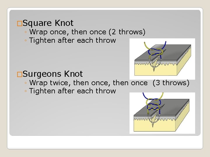 �Square Knot ◦ Wrap once, then once (2 throws) ◦ Tighten after each throw