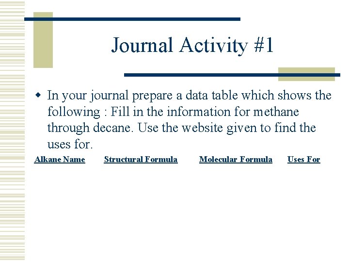 Journal Activity #1 w In your journal prepare a data table which shows the