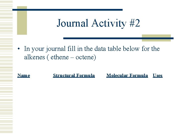 Journal Activity #2 • In your journal fill in the data table below for