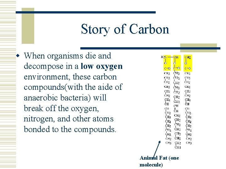 Story of Carbon w When organisms die and decompose in a low oxygen environment,