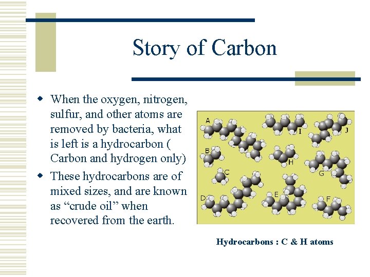 Story of Carbon w When the oxygen, nitrogen, sulfur, and other atoms are removed