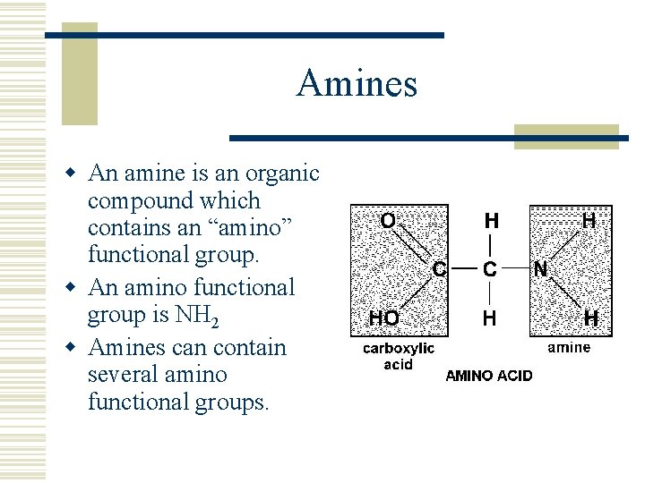 Amines w An amine is an organic compound which contains an “amino” functional group.