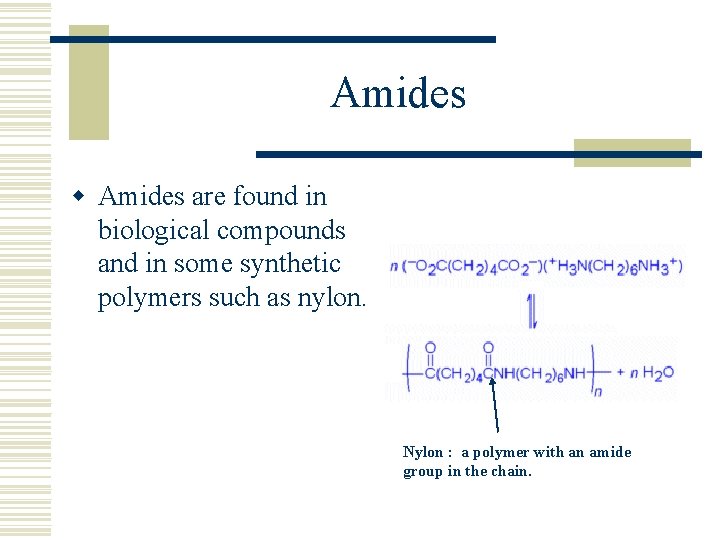 Amides w Amides are found in biological compounds and in some synthetic polymers such