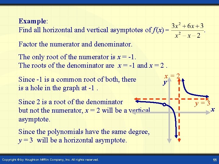 Example: Find all horizontal and vertical asymptotes of f (x) = . Factor the