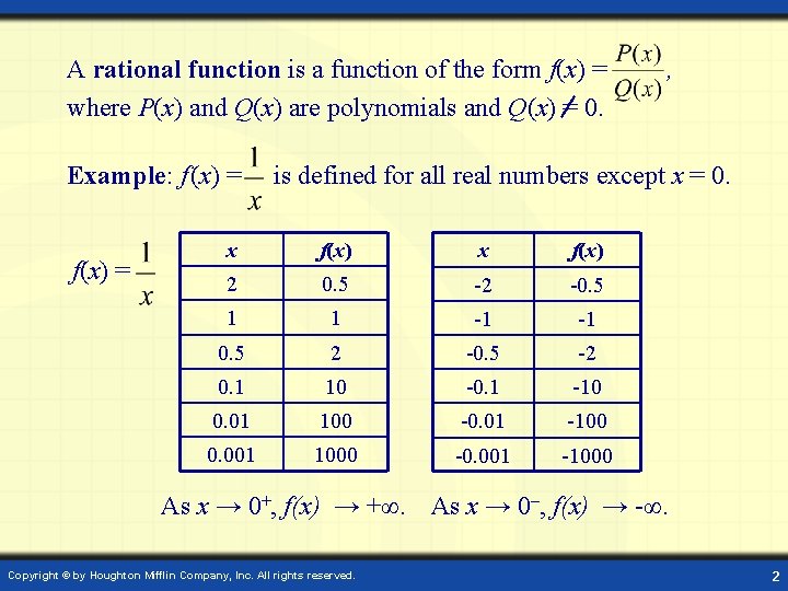 A rational function is a function of the form f(x) = where P(x) and