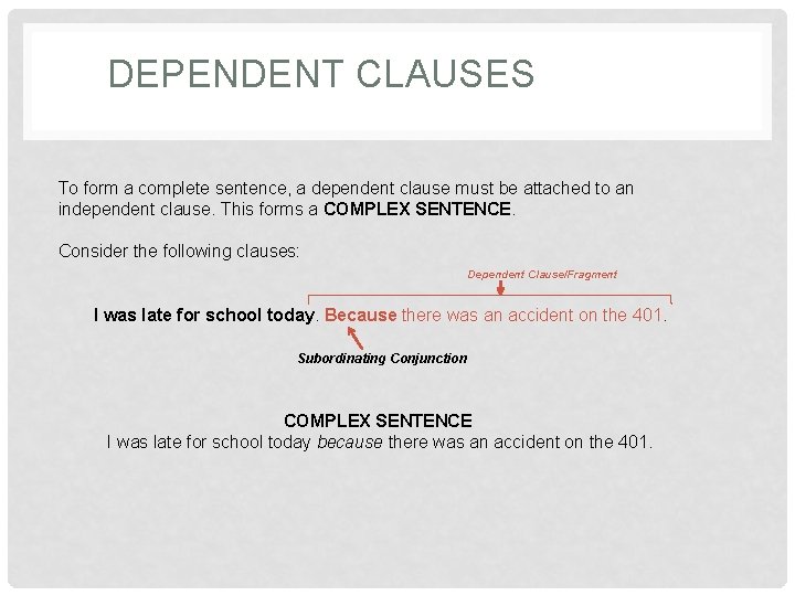 DEPENDENT CLAUSES To form a complete sentence, a dependent clause must be attached to