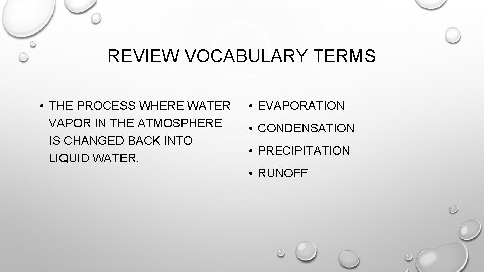 REVIEW VOCABULARY TERMS • THE PROCESS WHERE WATER VAPOR IN THE ATMOSPHERE IS CHANGED REVIEW VOCABULARY TERMS • THE PROCESS WHERE WATER VAPOR IN THE ATMOSPHERE IS CHANGED
