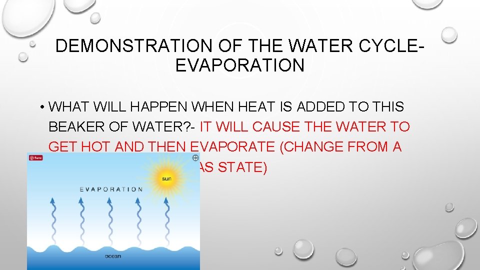 DEMONSTRATION OF THE WATER CYCLEEVAPORATION • WHAT WILL HAPPEN WHEN HEAT IS ADDED TO DEMONSTRATION OF THE WATER CYCLEEVAPORATION • WHAT WILL HAPPEN WHEN HEAT IS ADDED TO