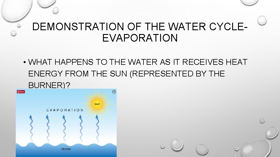 DEMONSTRATION OF THE WATER CYCLEEVAPORATION • WHAT HAPPENS TO THE WATER AS IT RECEIVES DEMONSTRATION OF THE WATER CYCLEEVAPORATION • WHAT HAPPENS TO THE WATER AS IT RECEIVES