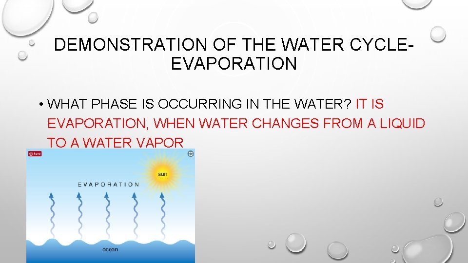 DEMONSTRATION OF THE WATER CYCLEEVAPORATION • WHAT PHASE IS OCCURRING IN THE WATER? IT DEMONSTRATION OF THE WATER CYCLEEVAPORATION • WHAT PHASE IS OCCURRING IN THE WATER? IT