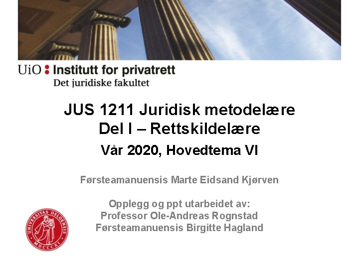 JUS 1211 Juridisk metodelære Del I – Rettskildelære Vår 2020, Hovedtema VI Førsteamanuensis Marte