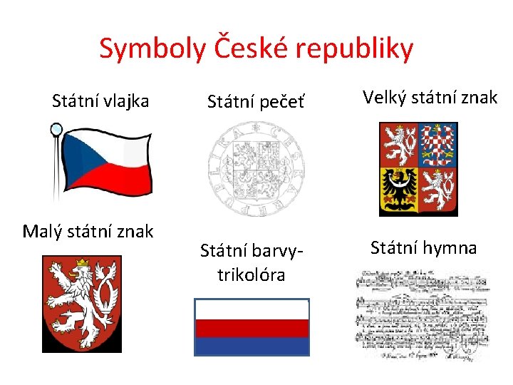 Symboly České republiky Státní vlajka Malý státní znak Státní pečeť Státní barvytrikolóra Velký státní