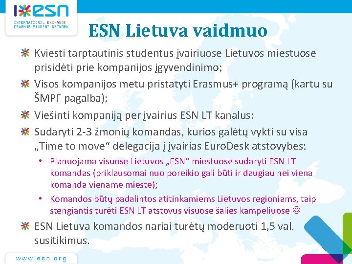 ESN Lietuva vaidmuo Kviesti tarptautinis studentus įvairiuose Lietuvos miestuose prisidėti prie kompanijos įgyvendinimo; Visos