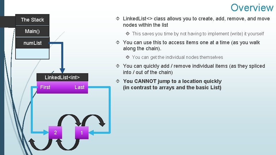 Overview Linked. List<> class allows you to create, add, remove, and move nodes within