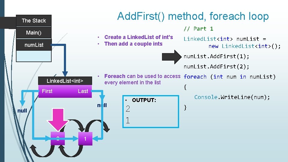 Add. First() method, foreach loop The Stack // Part 1 Main() • Create a
