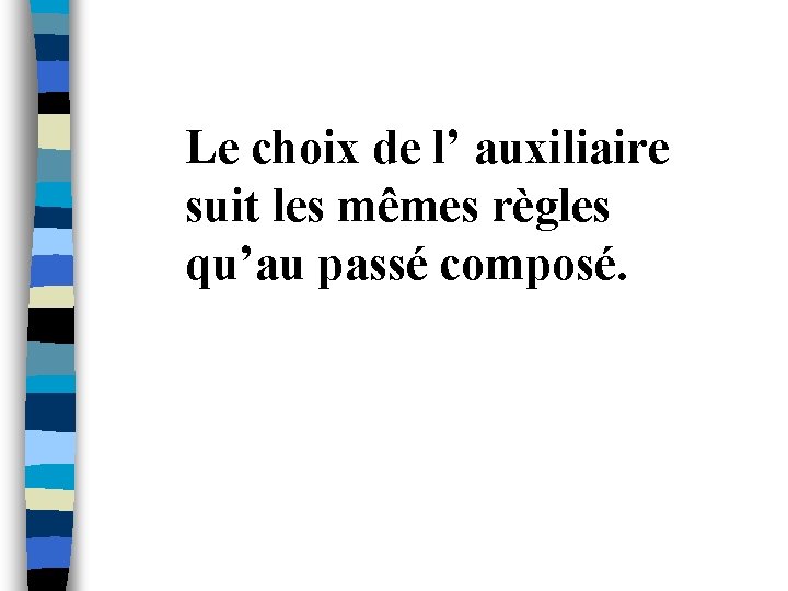 Le choix de l’ auxiliaire suit les mêmes règles qu’au passé composé. 