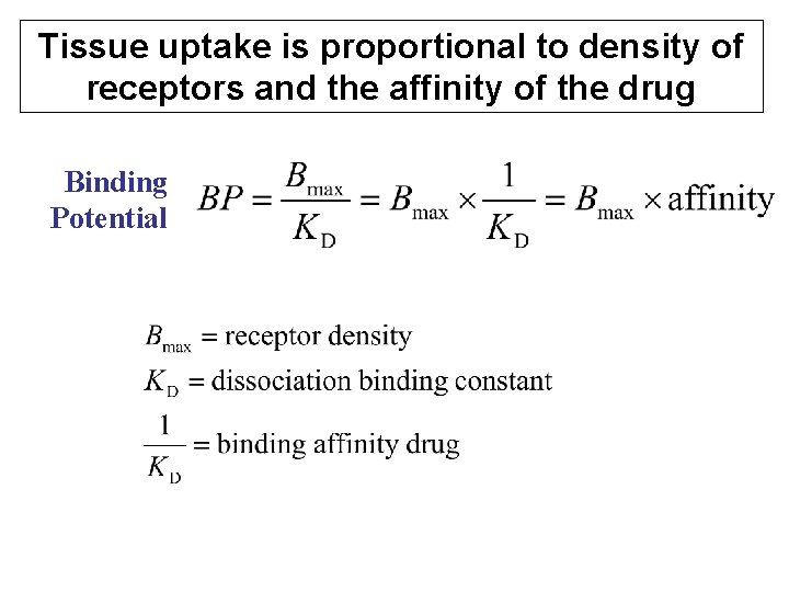 Tissue uptake is proportional to density of receptors and the affinity of the drug
