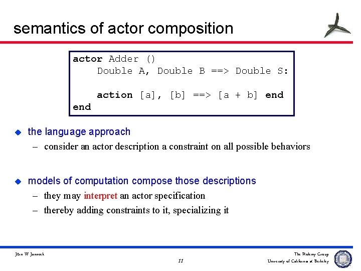 semantics of actor composition actor Adder () Double A, Double B ==> Double S: