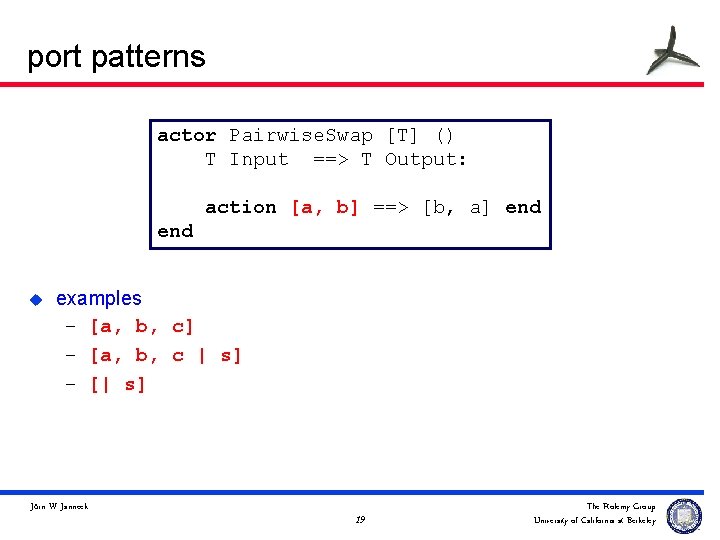 port patterns actor Pairwise. Swap [T] () T Input ==> T Output: action [a,