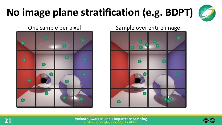 No image plane stratification (e. g. BDPT) One sample per pixel 21 Sample over