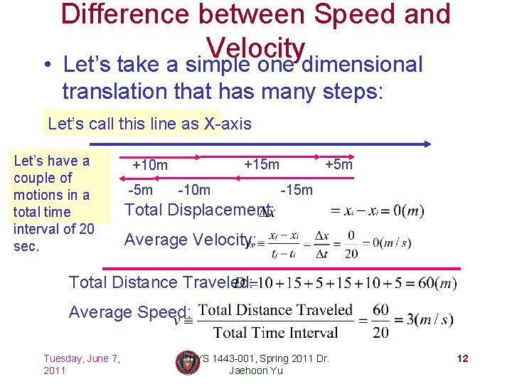 Difference between Speed and Velocity • Let’s take a simple one dimensional translation that