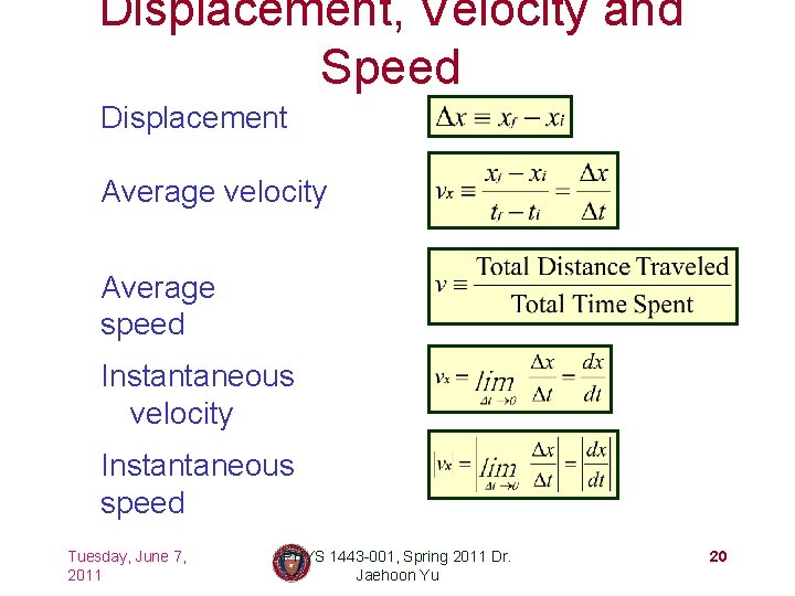 Displacement, Velocity and Speed Displacement Average velocity Average speed Instantaneous velocity Instantaneous speed Tuesday,