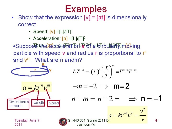 Examples • Show that the expression [v] = [at] is dimensionally correct • Speed: