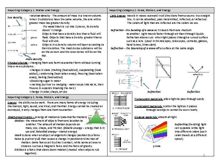 Reporting Category 1: Matter and Energy Reporting Category 2: Force, Motion, and Energy •